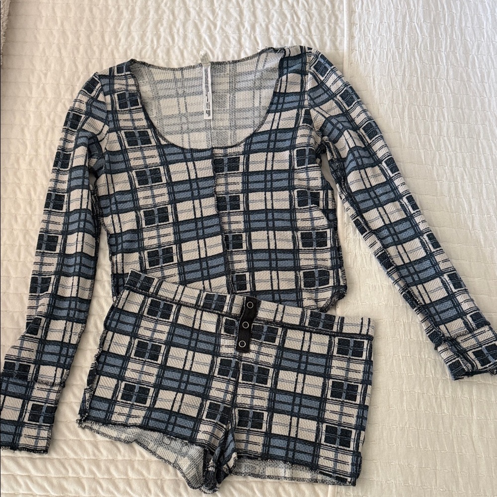 Free People Blue Cream Plaid Long-Sleeve Scoop Top & Short Set